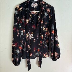 Primark blouse long sleeves V neck with tie multicolored floral size 10